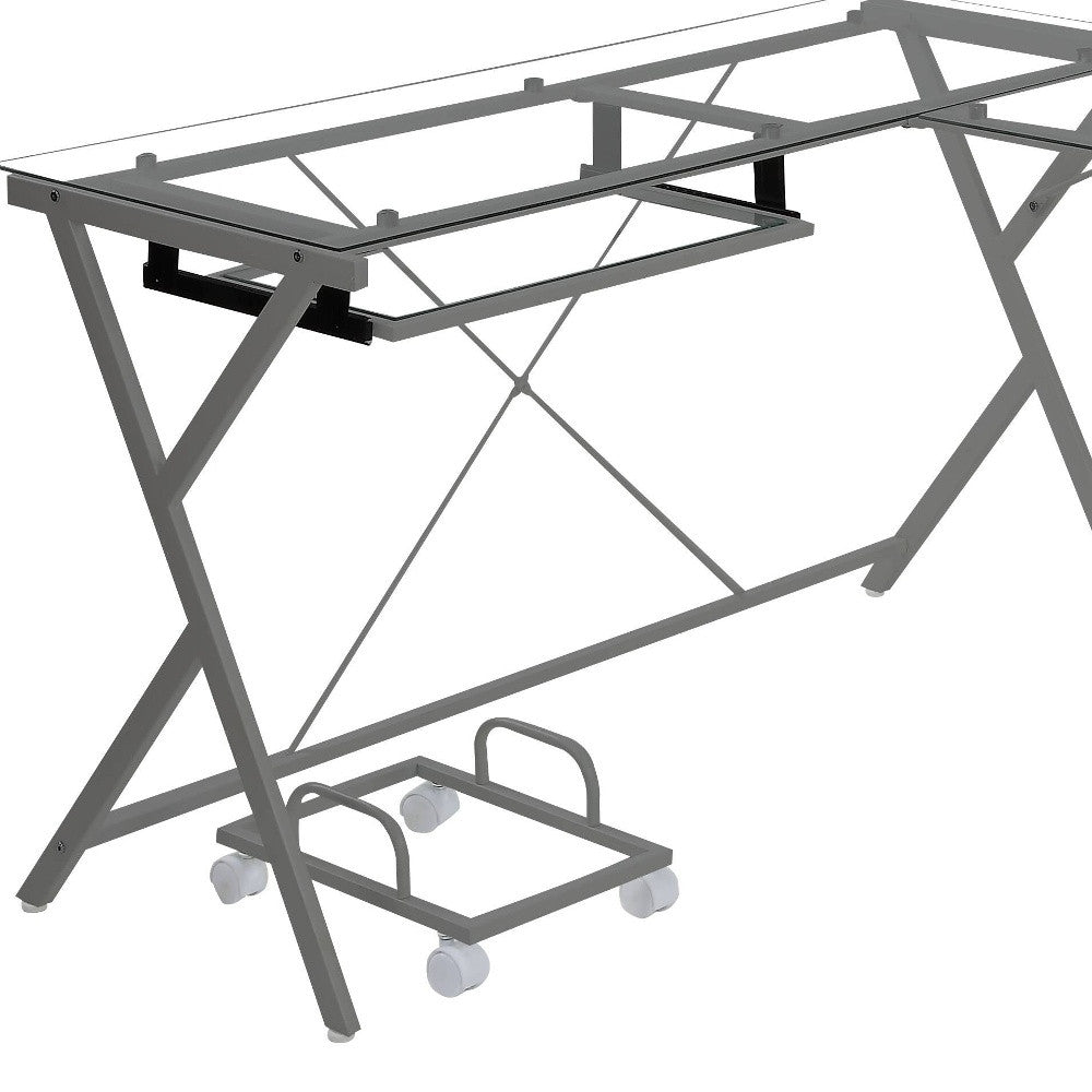 62" Clear and Gray Glass L Shape Computer Desk