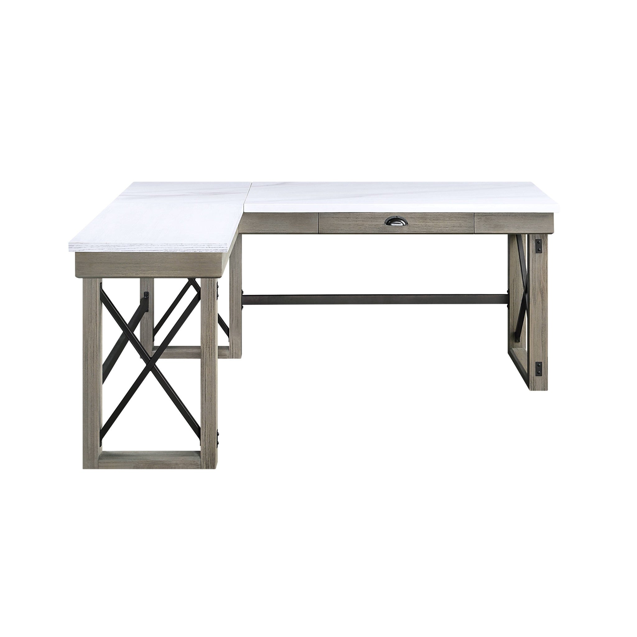 67" White and Brown Marble L Shape Writing Desk
