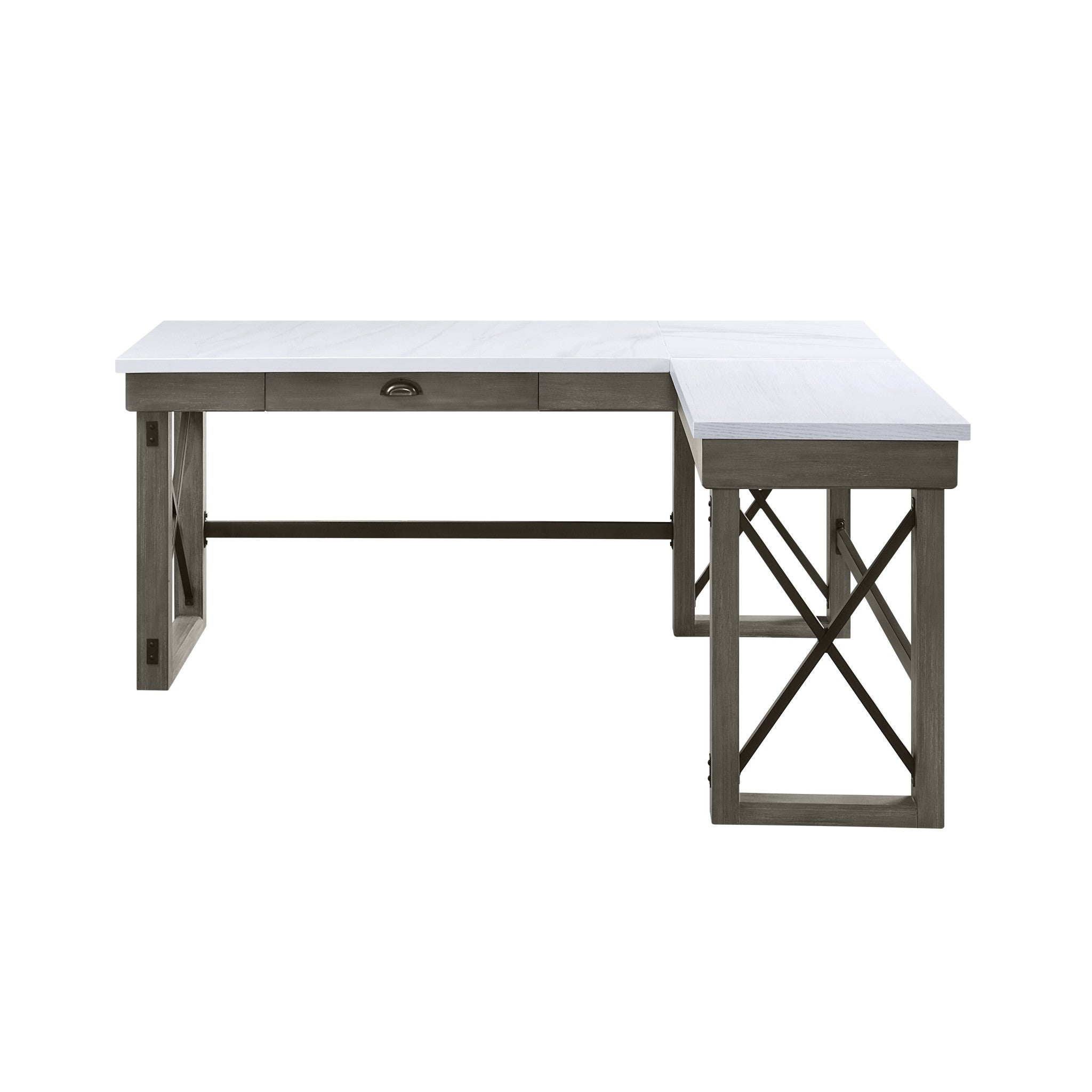 67" White and Gray Marble L Shape Writing Desk