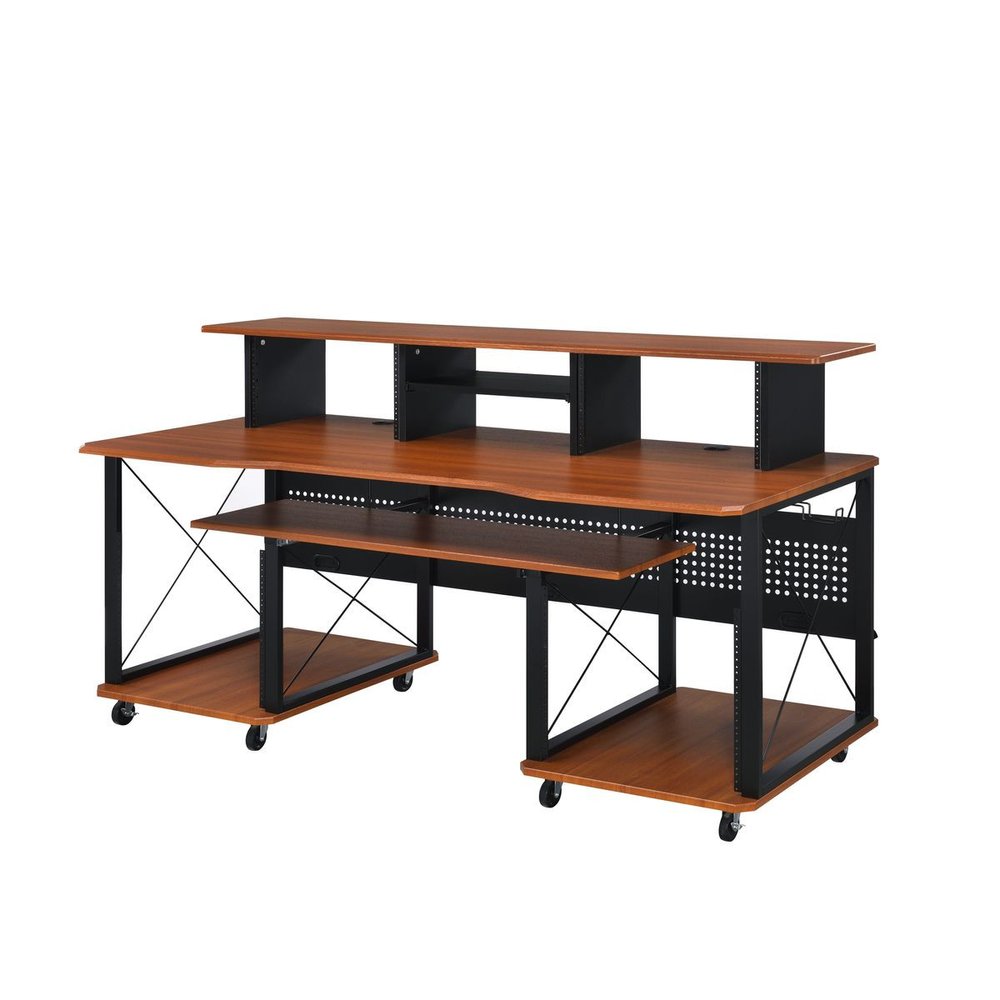 72" Brown and Black Wood and Metal Rolling Computer Desk