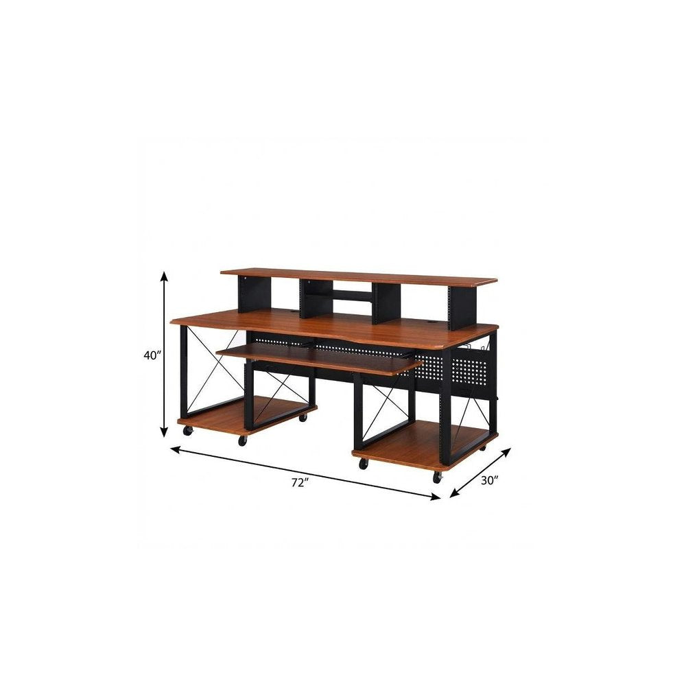 72" Brown and Black Wood and Metal Rolling Computer Desk
