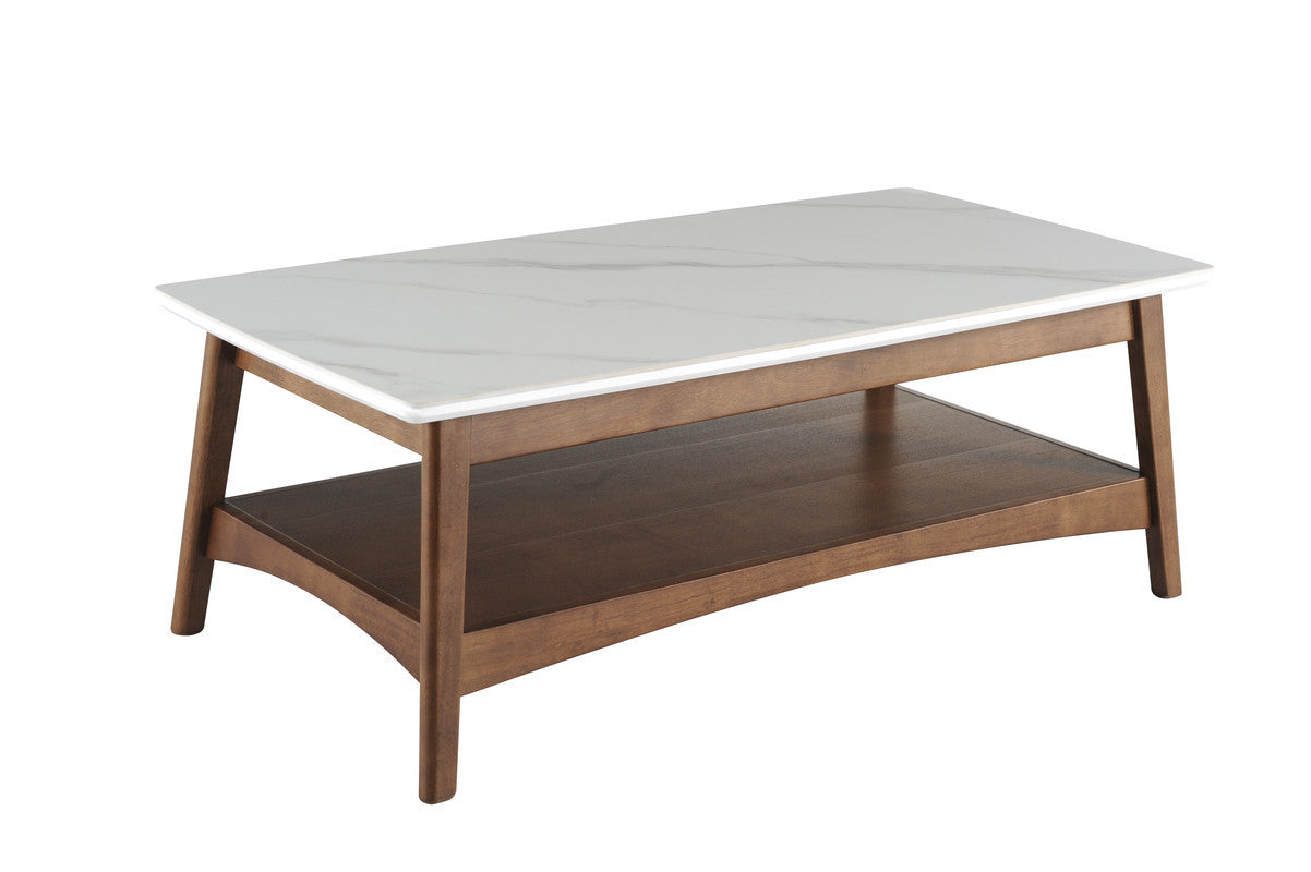 48" White and Brown Sintered Stone and Wood Coffee Table With Shelf