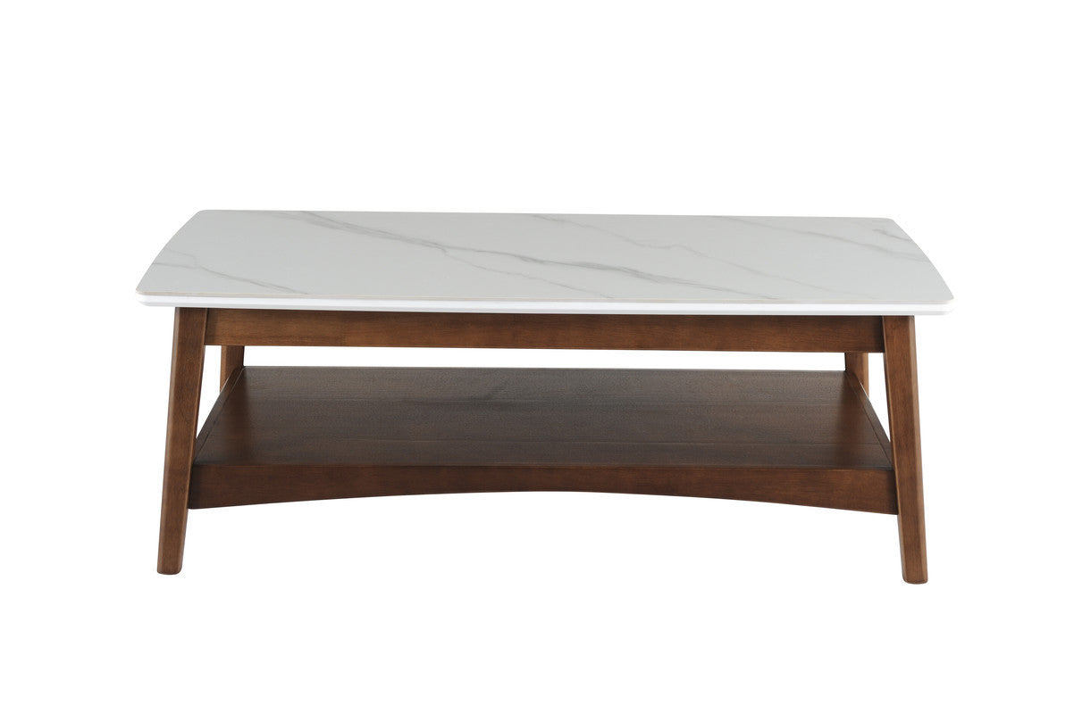 48" White and Brown Sintered Stone and Wood Coffee Table With Shelf