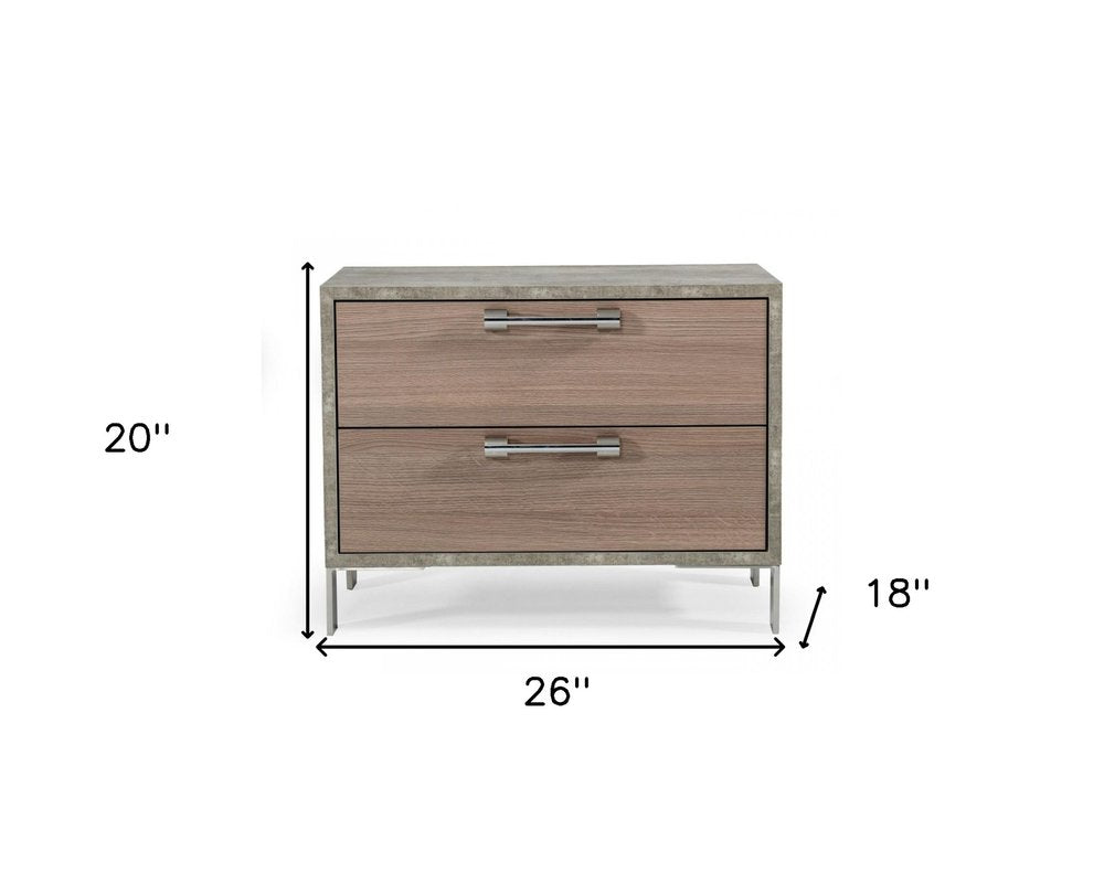 20" Brown And Gray Solid and Manufactured Wood Two Drawer Nightstand