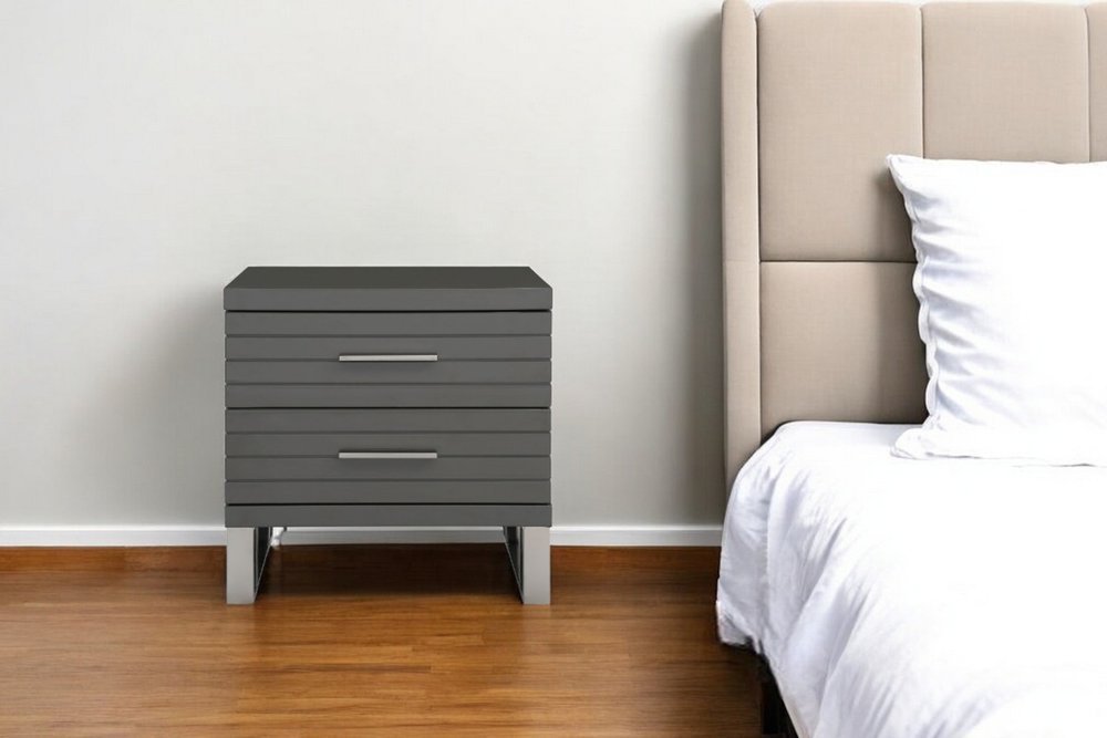 23" Silver And Gray Stainless Steel Solid and Manufactured Wood Two Drawer Nightstand