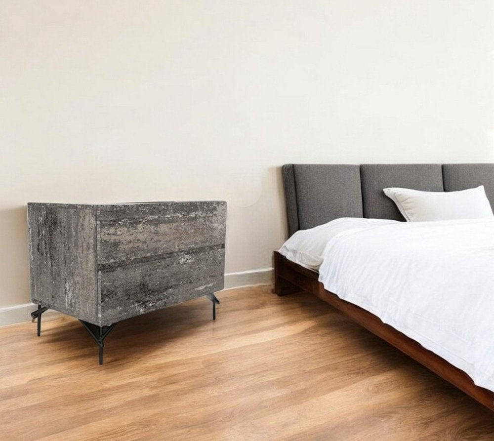 21" Gray Iron and Wood Two Drawer Nightstand