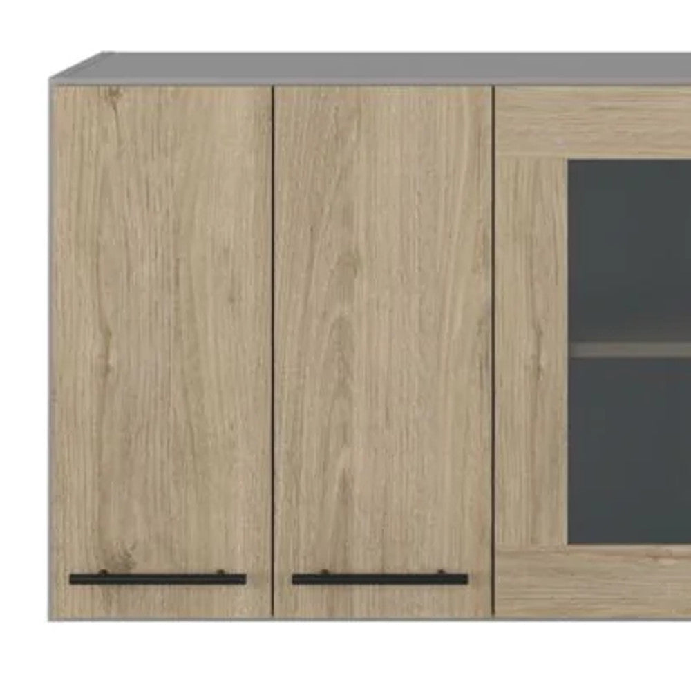 24" Gray and Natural Wood Wall Mounted Kitchen Cabinet With Three Doors