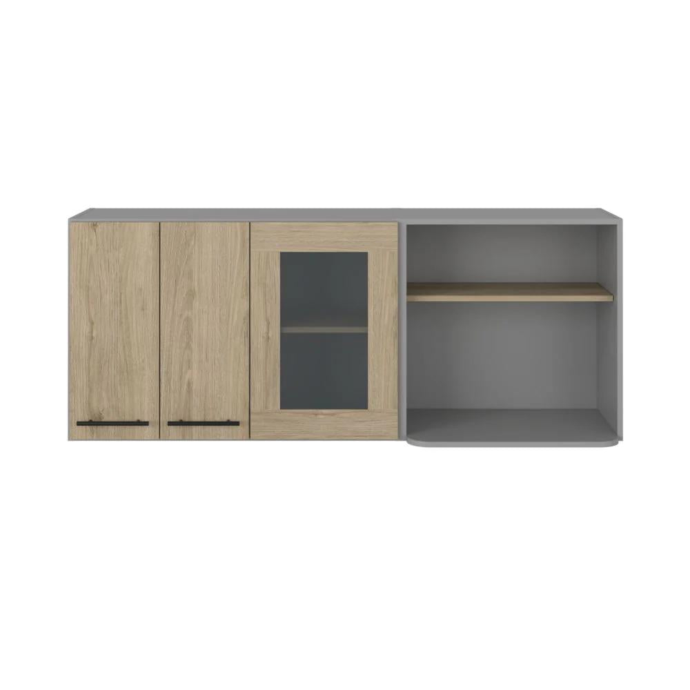 24" Gray and Natural Wood Wall Mounted Kitchen Cabinet With Three Doors