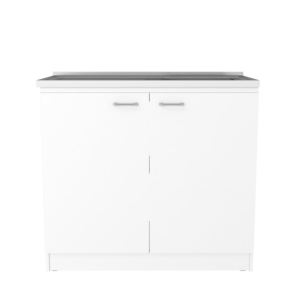 35" X 41" Brown And White Stainless Steel and Wood Counter And Utility Cabinet Utility Sink