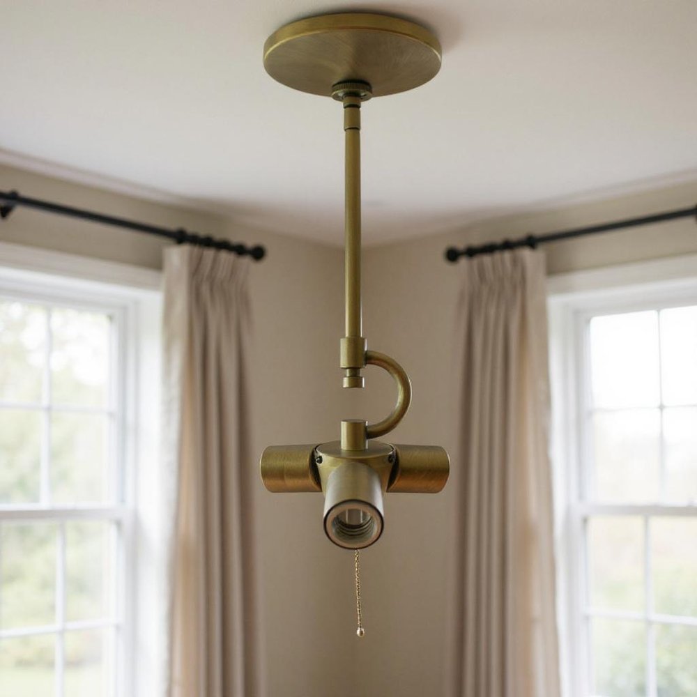 Antiqued Brass Bulb Three Light Metal Chandelier