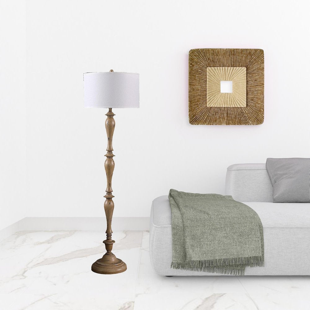 62" Brown And White Polyresin Floor Lamp With White Fabric Shade