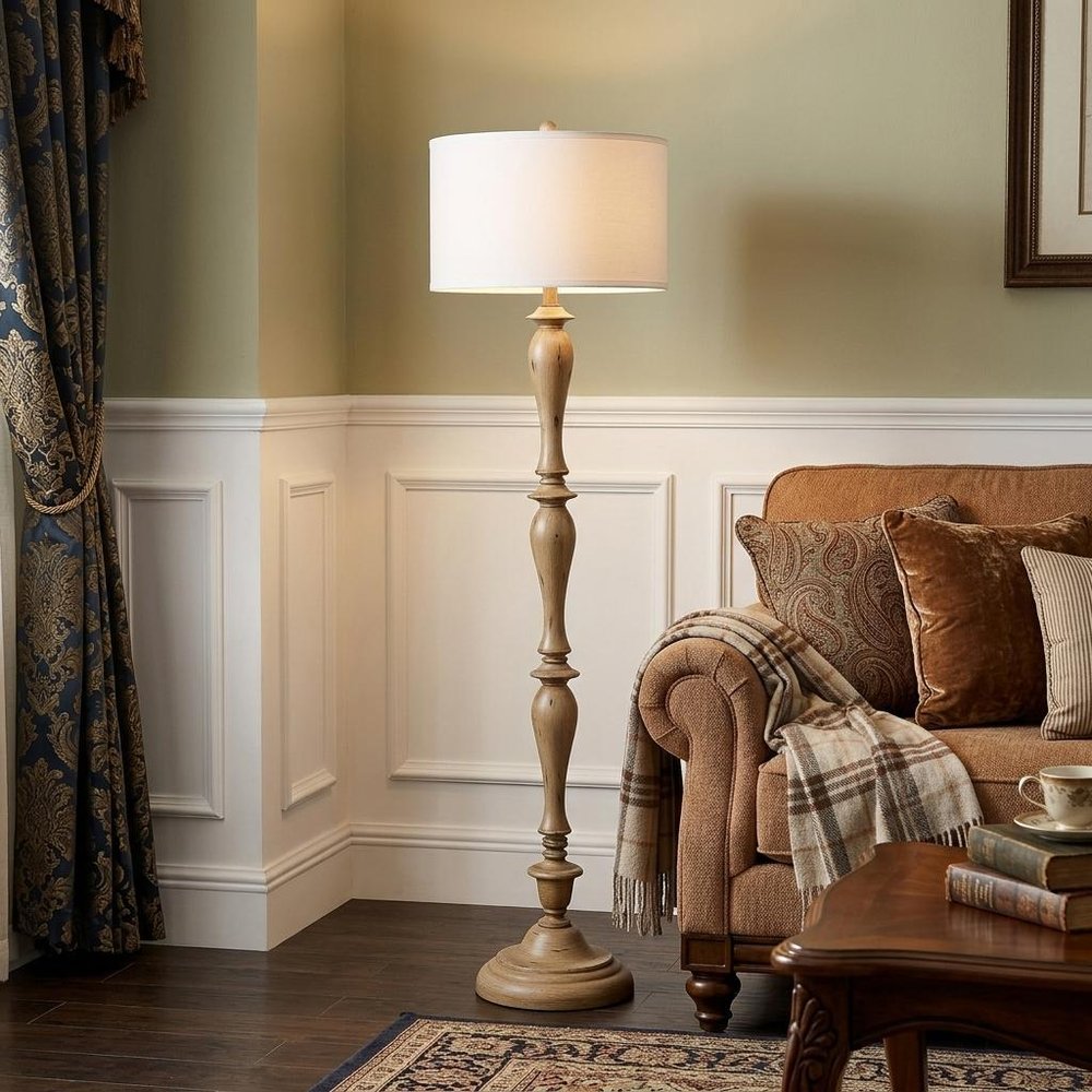 62" Brown And White Polyresin Floor Lamp With White Fabric Shade