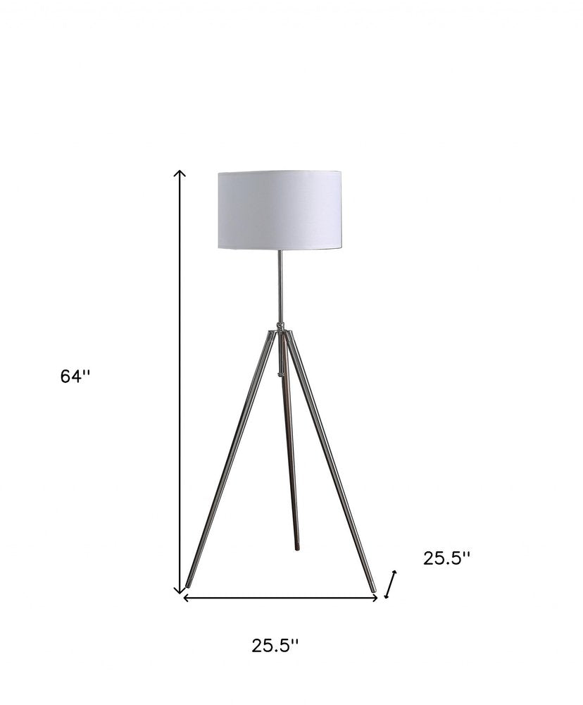 64" Silver Adjustable Tripod Floor Lamp With White Fabric Shade