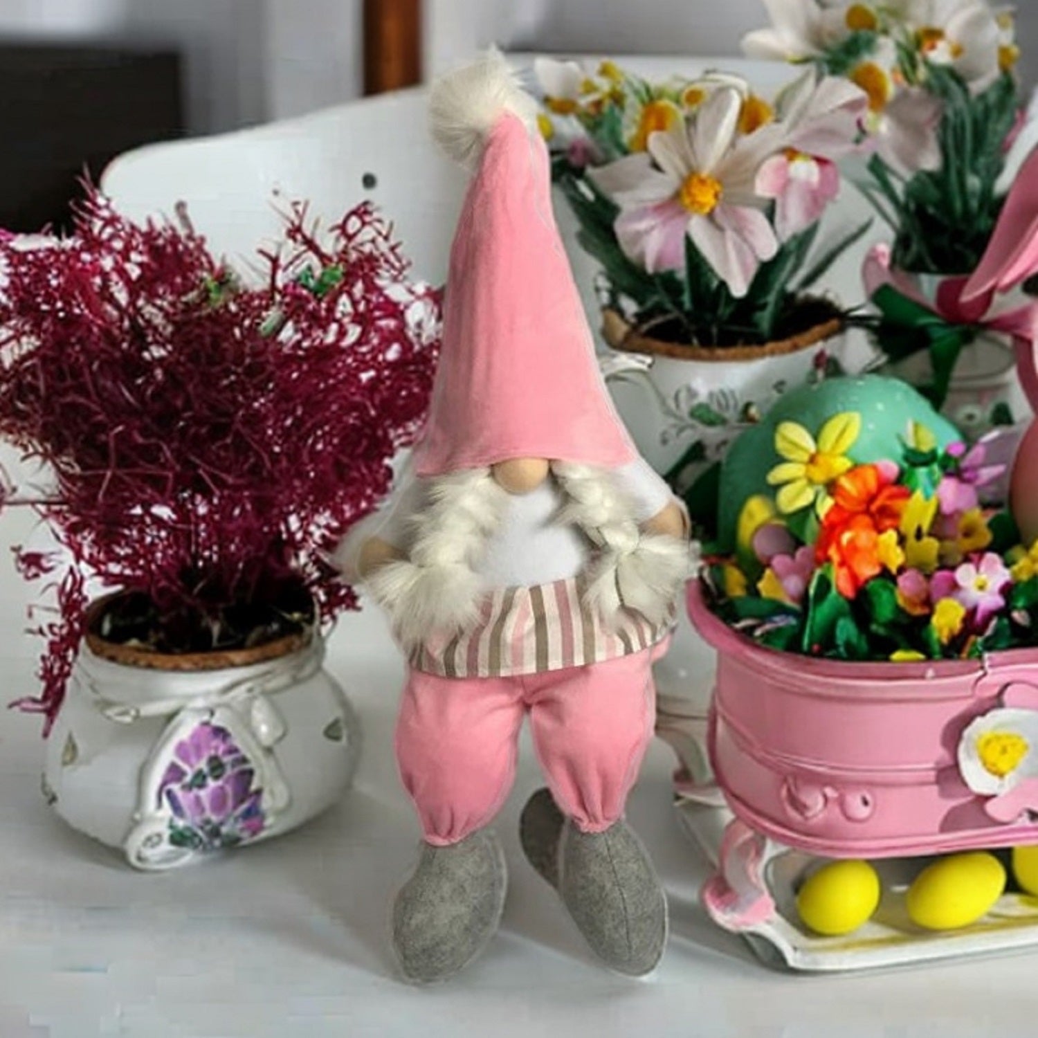 30" Pink and White Fabric Sitting Gnome