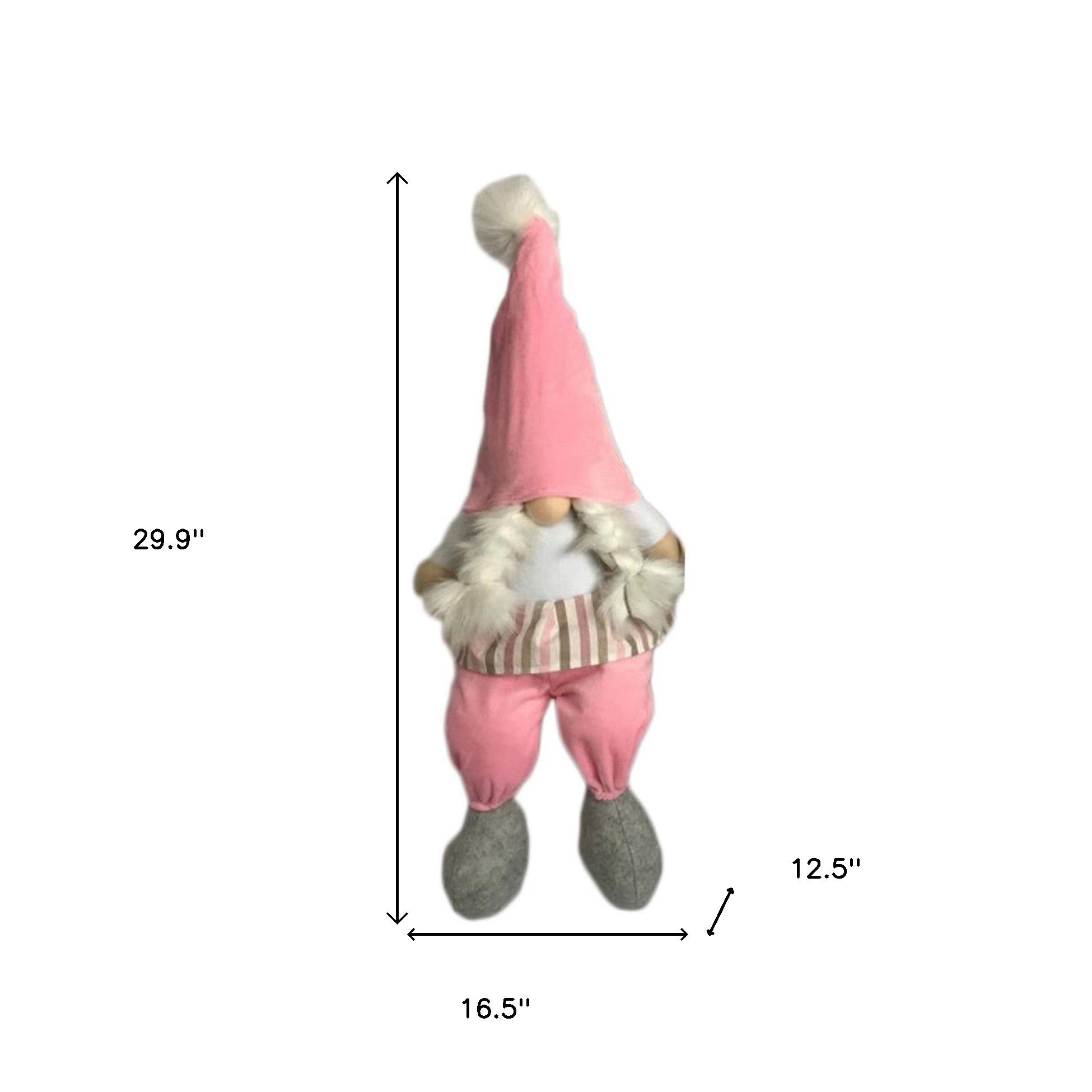 30" Pink and White Fabric Christmas Standing Gnome Tabletop Sculpture