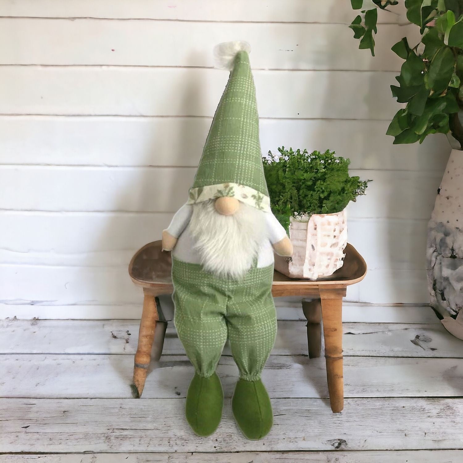 30" Green and White Fabric Christmas Standing Gnome Tabletop Sculpture