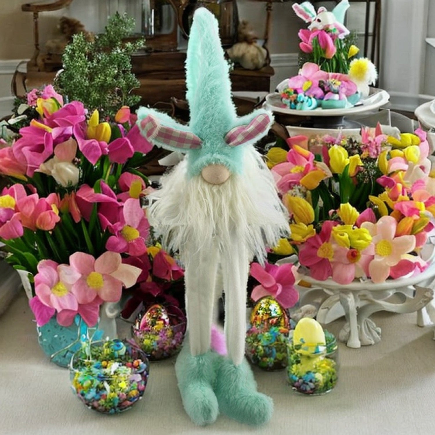 23" Blue and White Fabric Christmas Standing Gnome Tabletop Sculpture