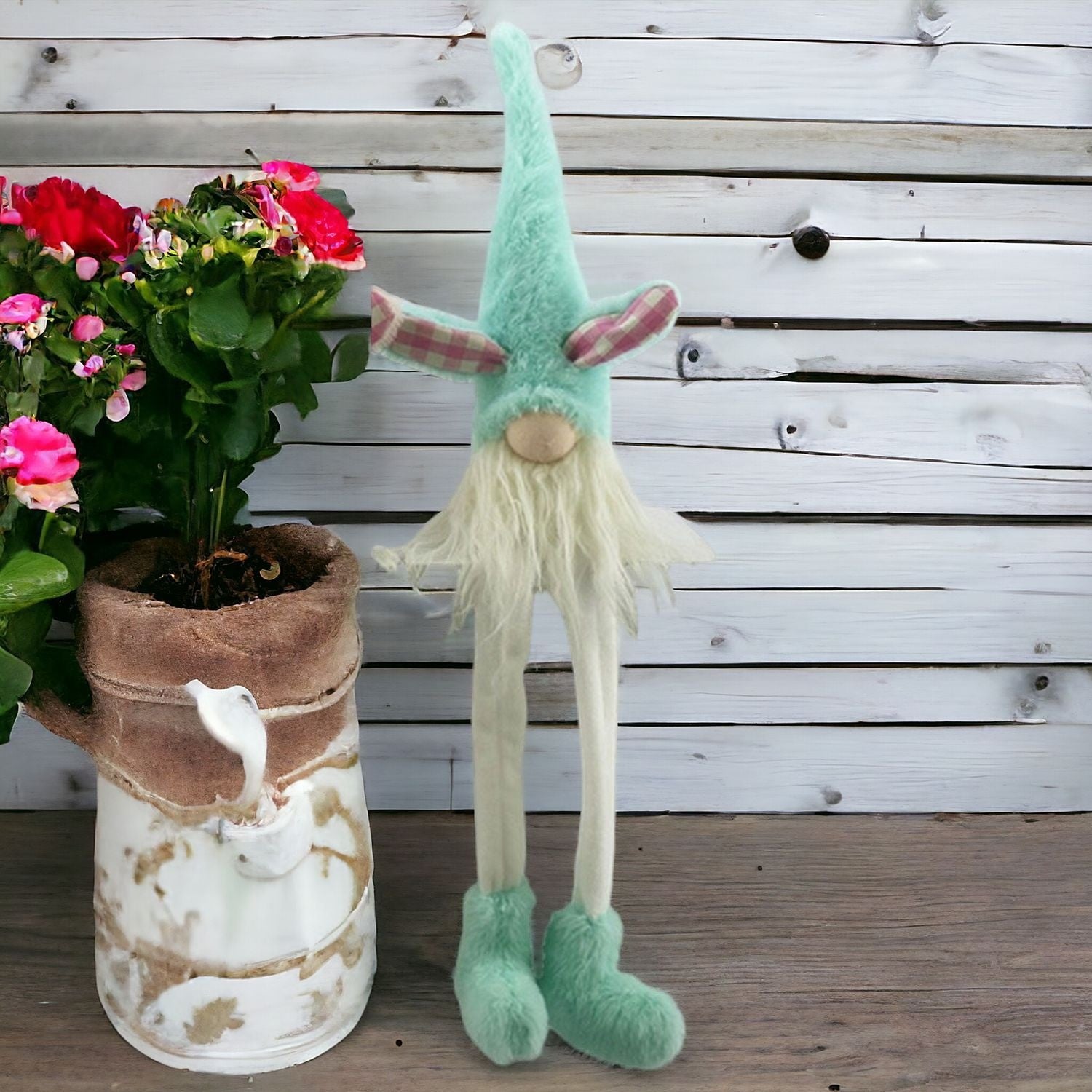 23" Blue and White Fabric Christmas Standing Gnome Tabletop Sculpture