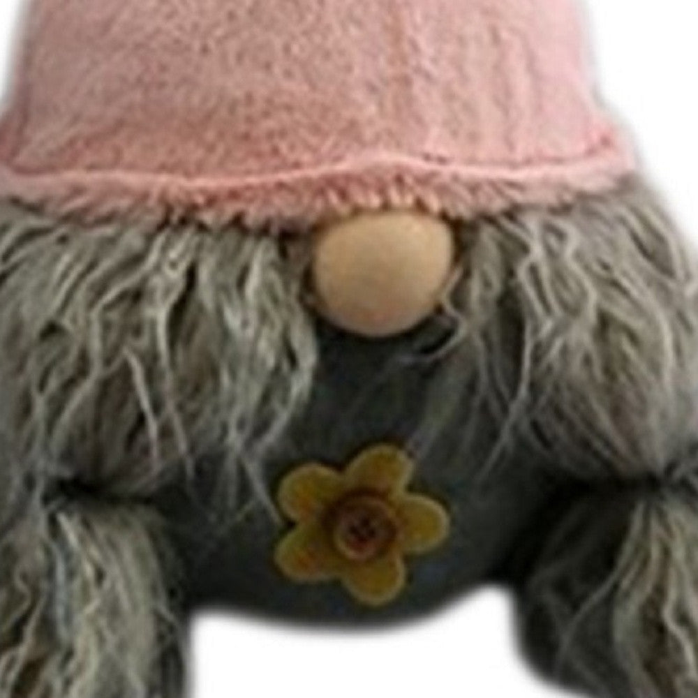 19" Gray and Pink Fabric Bunny Ears Standing Gnome