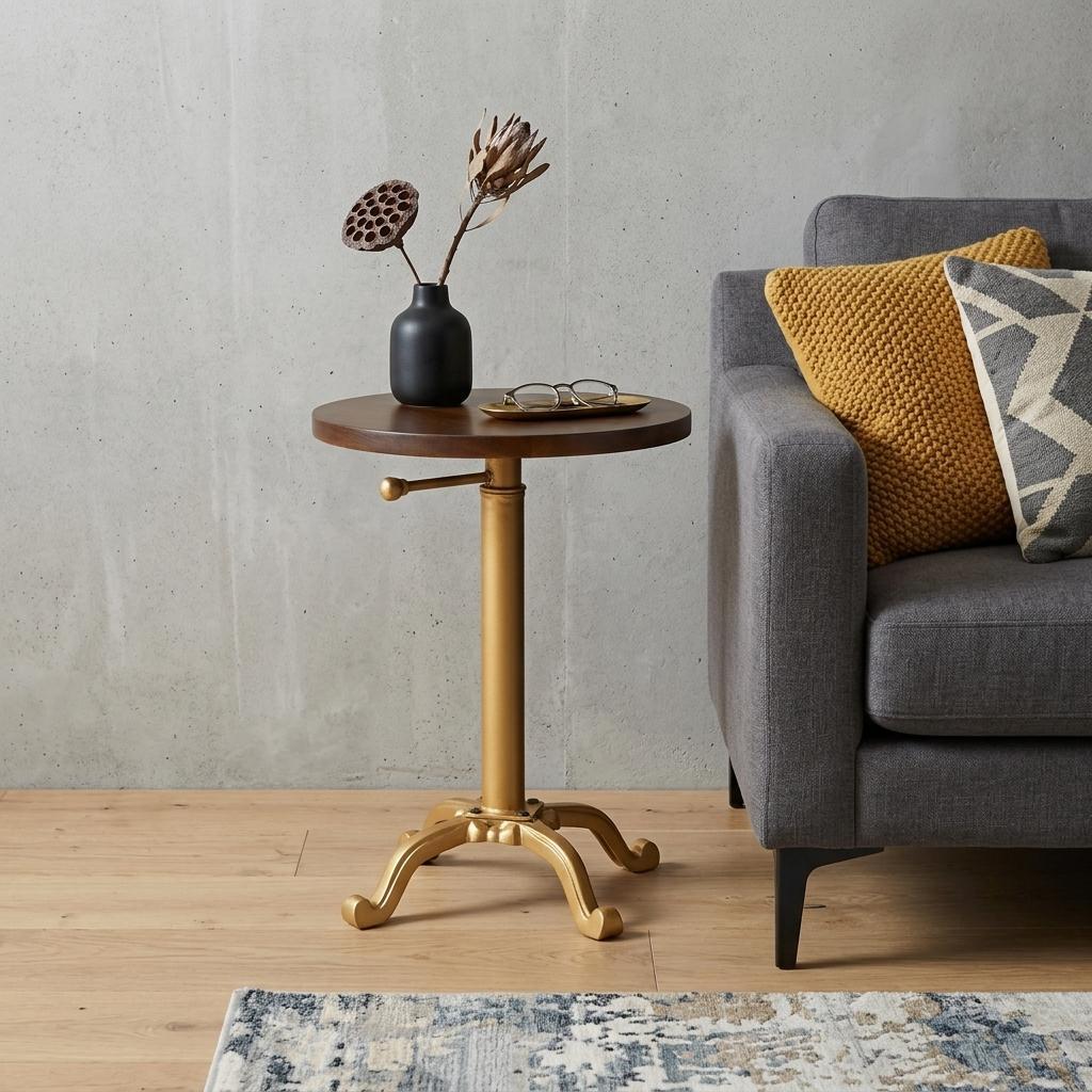 22" Gold And Elm Solid Wood Round End Table