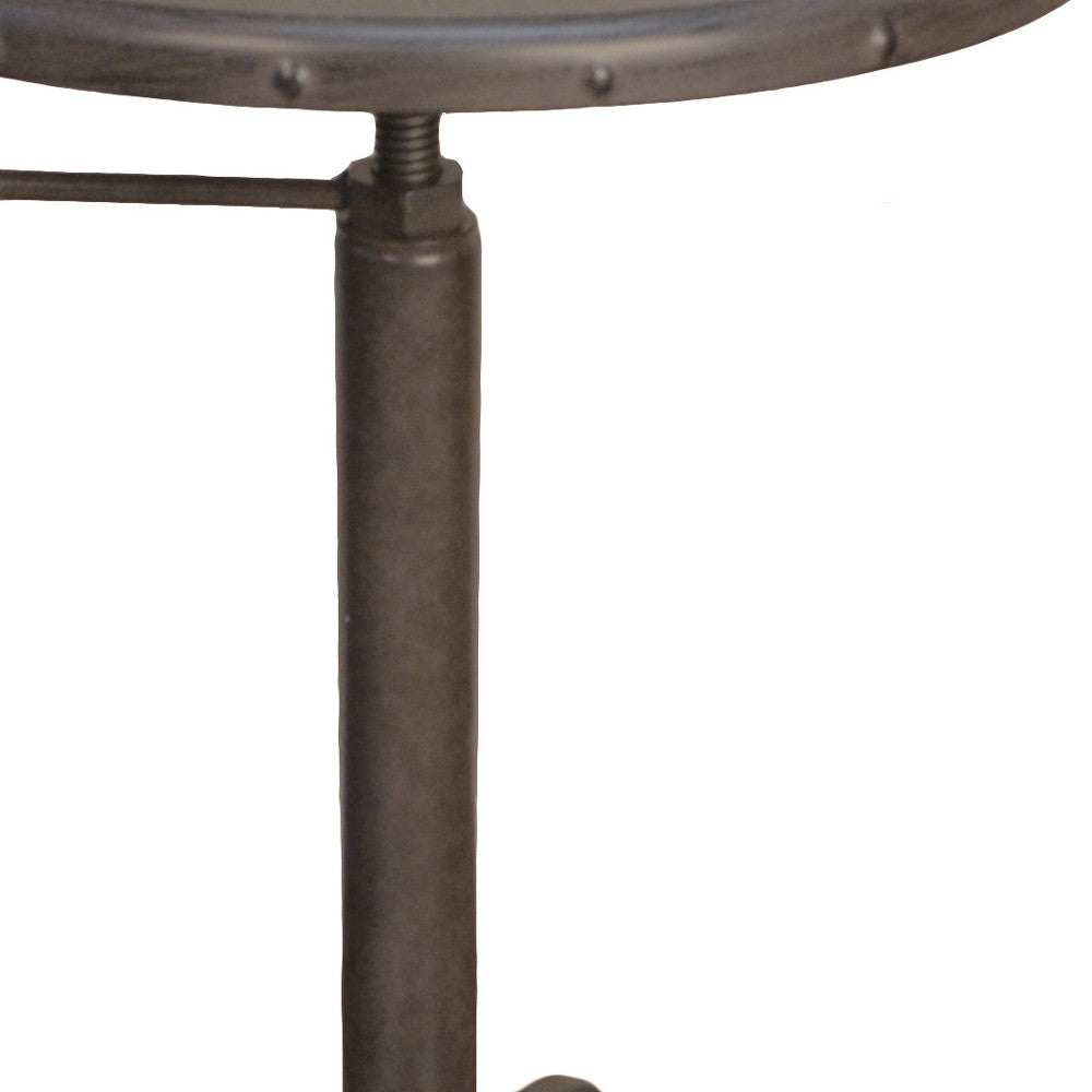 Gunmetal and Brown Iron Height Adjustable Round Pedestal End Table
