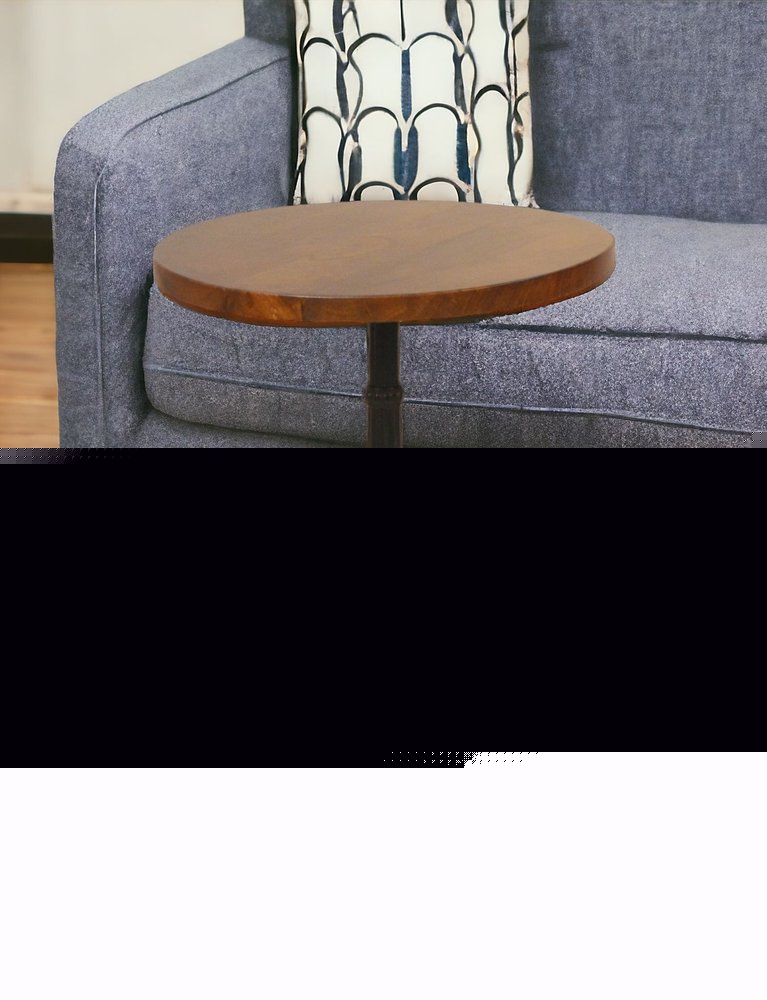 28" Black And Wood Brown Solid Wood And Iron Round End Table