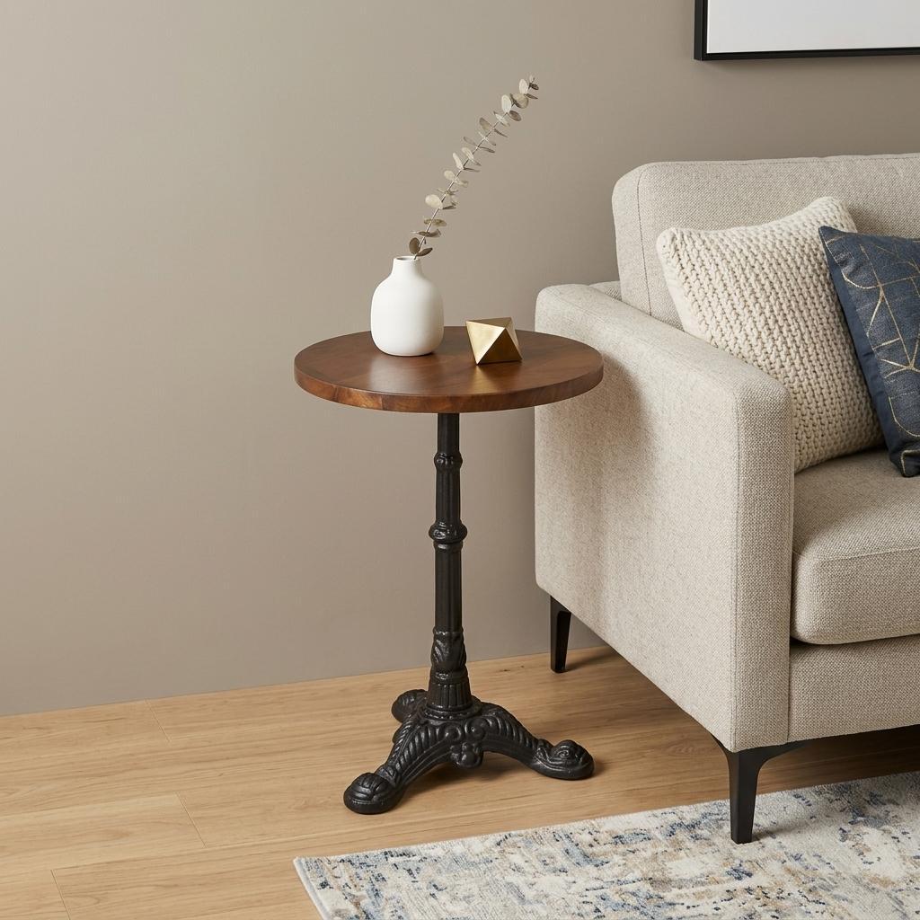 28" Black And Wood Brown Solid Wood And Iron Round End Table