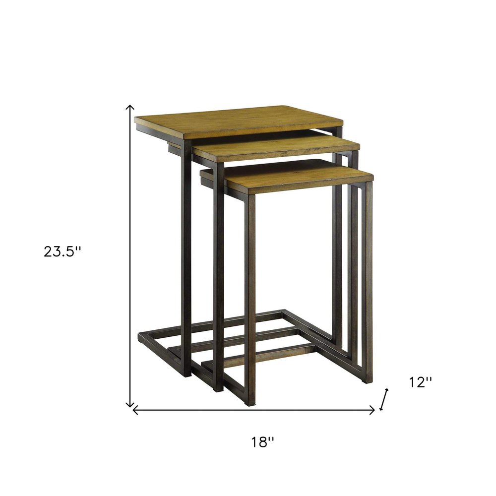 Set of Three Brown and Black Distressed Solid Wood and Steel Frame Nested Tables