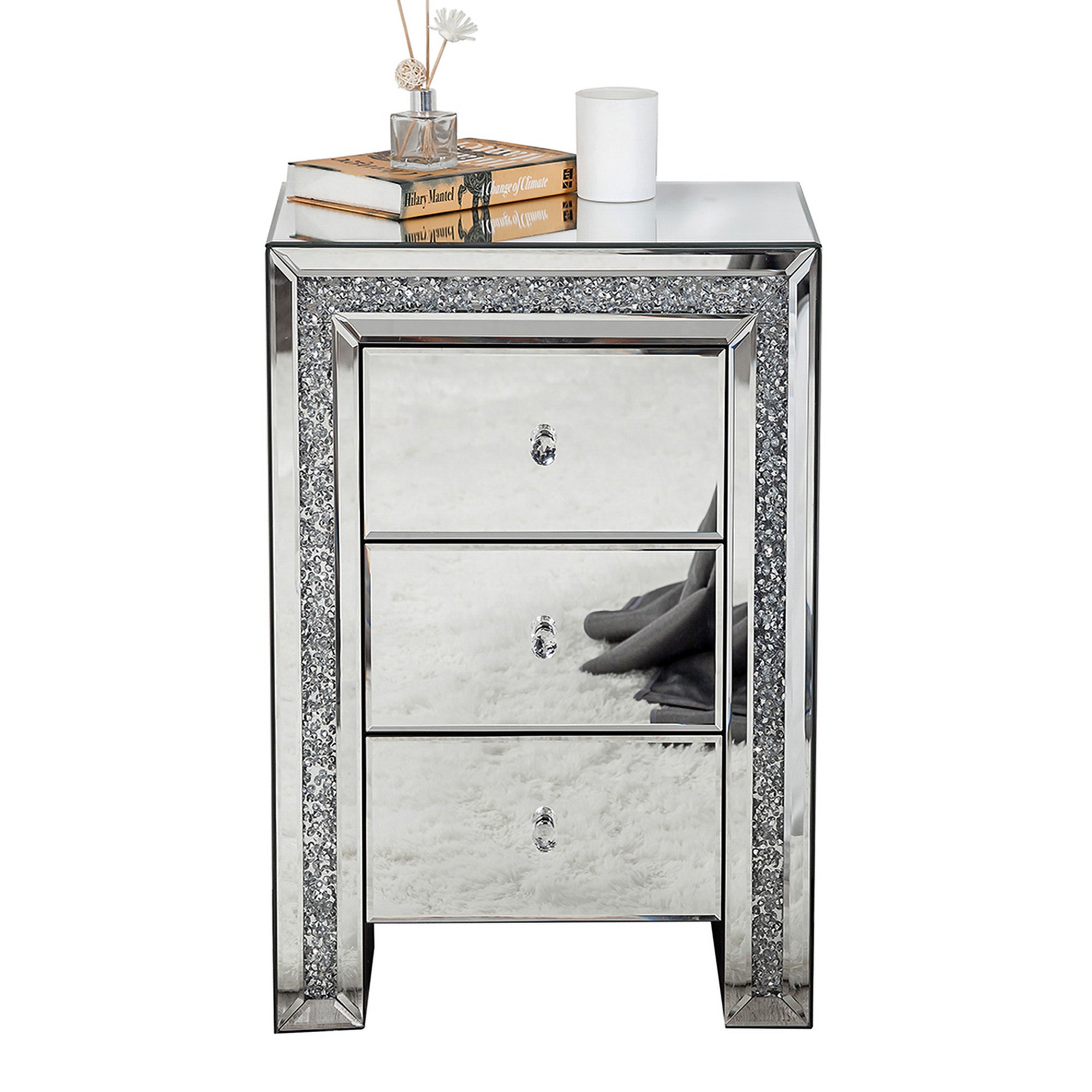 27" Silver Wood and Mirror And Mirrored Glass Three Drawer Nightstand