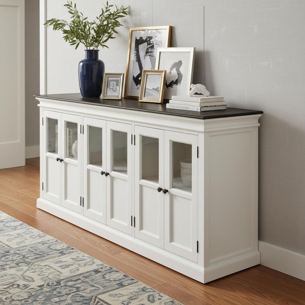 81" Black And White Solid Wood Buffet Table With Six Doors