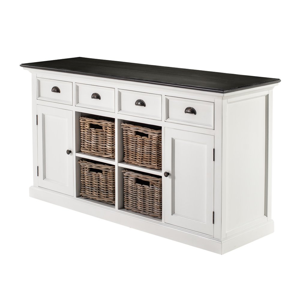66" White And Black Solid Wood Paneled Four Drawer Buffet Table with Two Doors