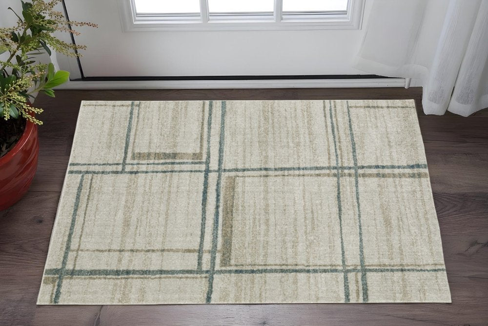 3' X 5' Grey Teal Beige and Tan Geometric Power Loom Area Rug