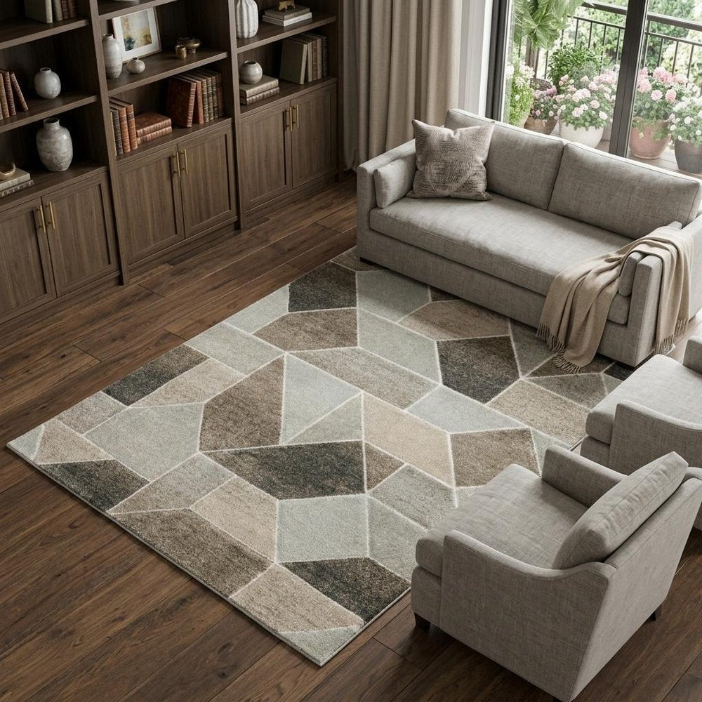 7' X 10' Gray And Ivory Geometric Area Rug