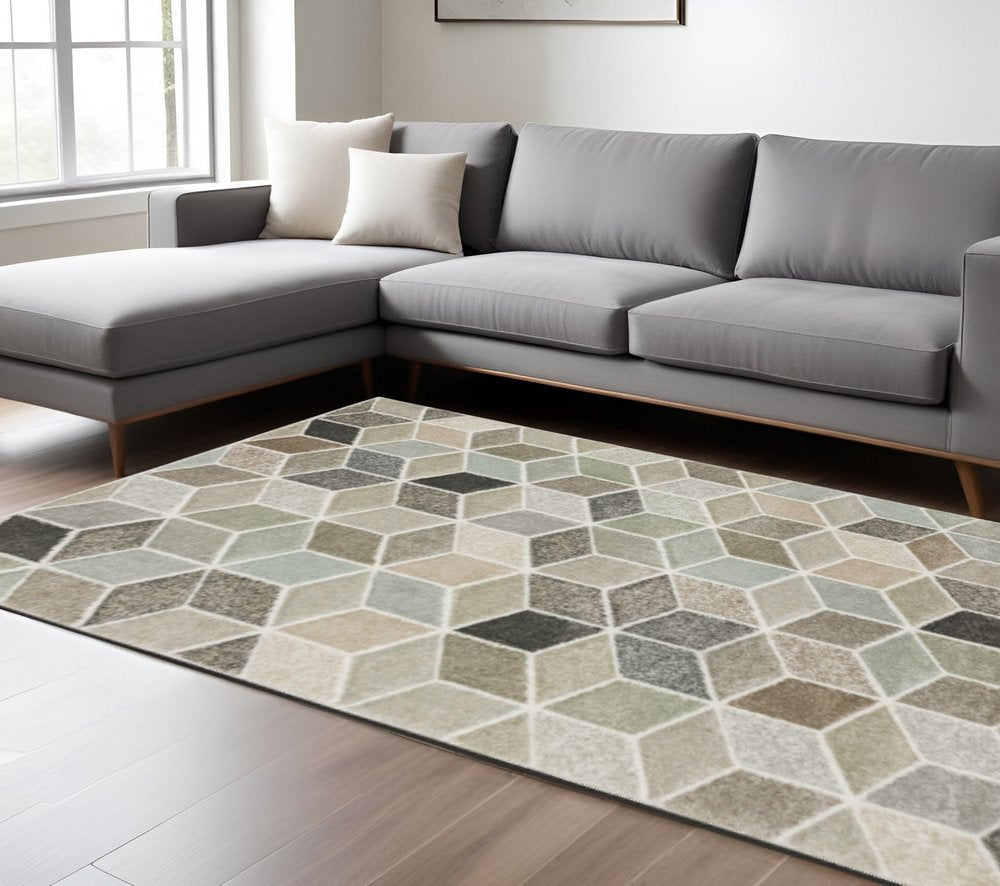 10' X 13' Beige Brown Grey Tan Sage And Pale Blue Geometric Power Loom Stain Resistant Area Rug