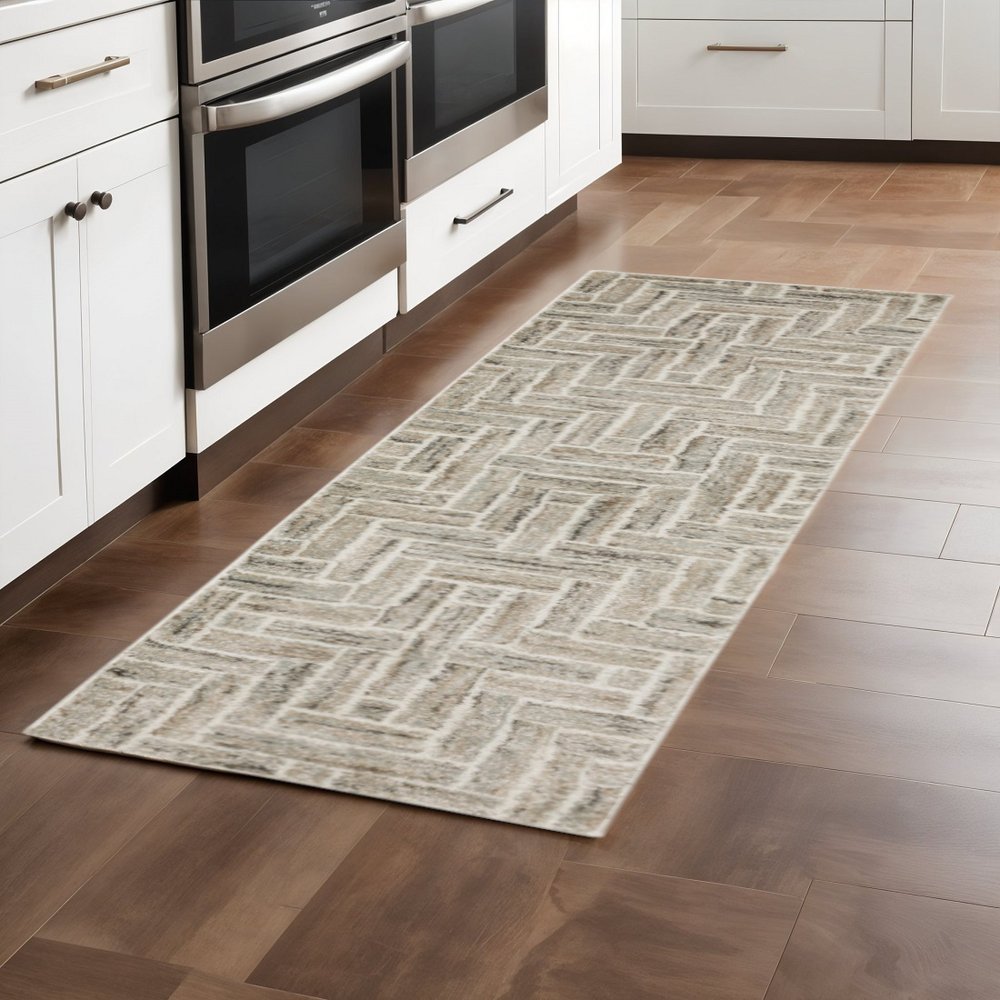 2' X 8' Beige And Ivory Geometric Power Loom Runner Rug