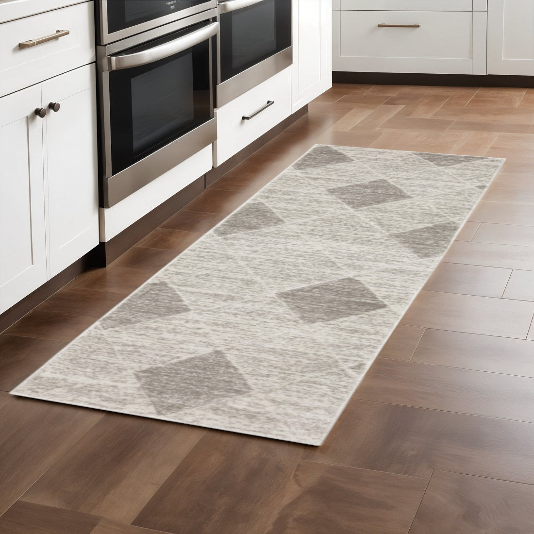 2' X 8' Grey And Ivory Geometric Power Loom Stain Resistant Runner Rug
