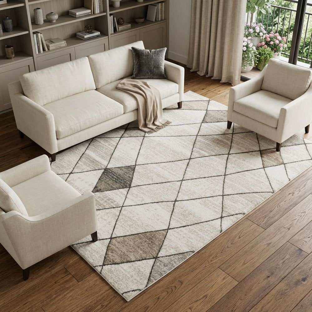 7' X 10' Beige And Gray Geometric Area Rug