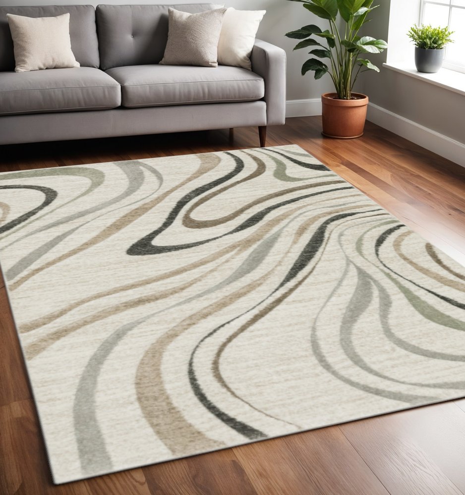 5' X 8' Beige Grey Brown Sage Pale Blue Tan And Charcoal Abstract Power Loom Stain Resistant Area Rug