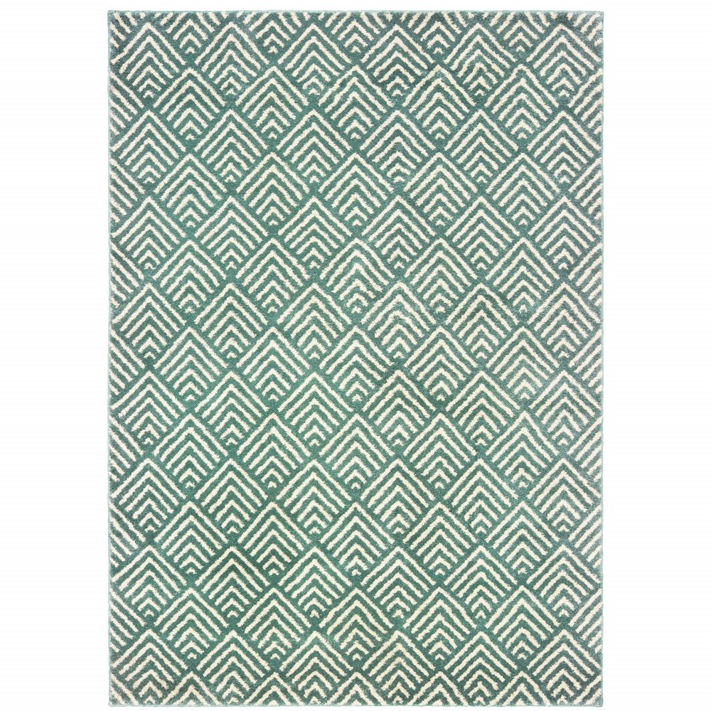 7' X 9' Blue And Ivory Geometric Shag Area Rug