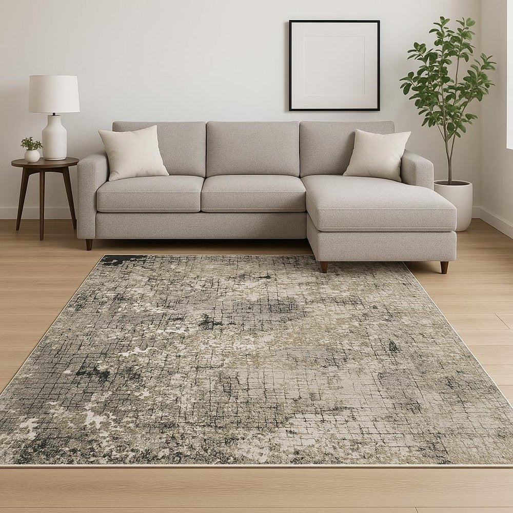 10' X 13' Grey Ivory Beige Charcoal Black Tan And Brown Abstract Power Loom Stain Resistant Area Rug