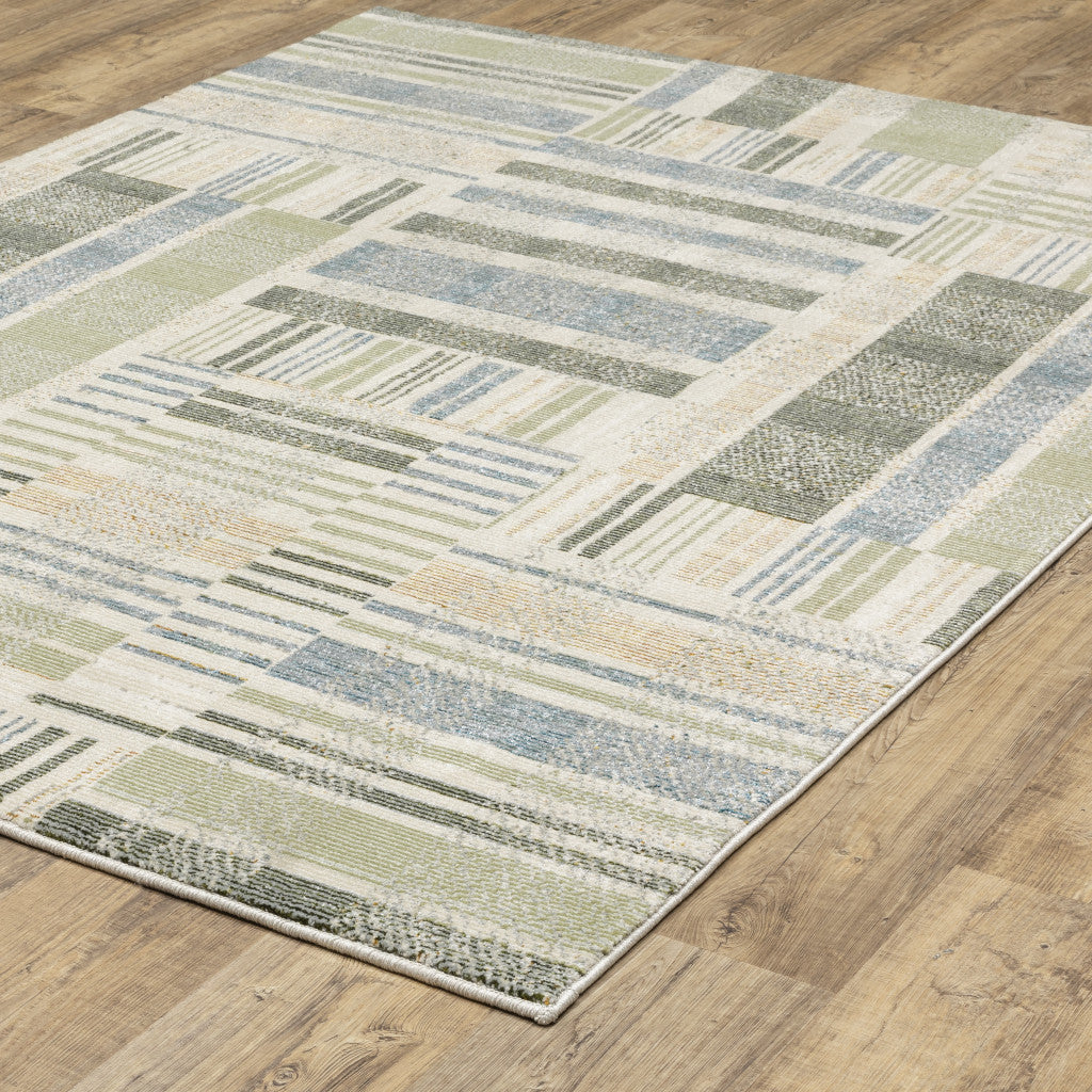 10' X 13' Green Grey And Ivory Geometric Power Loom Stain Resistant Area Rug