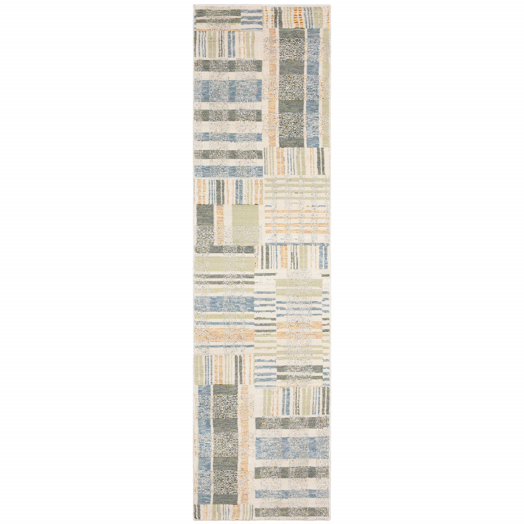 12' Blue And Green Geometric Runner Rug