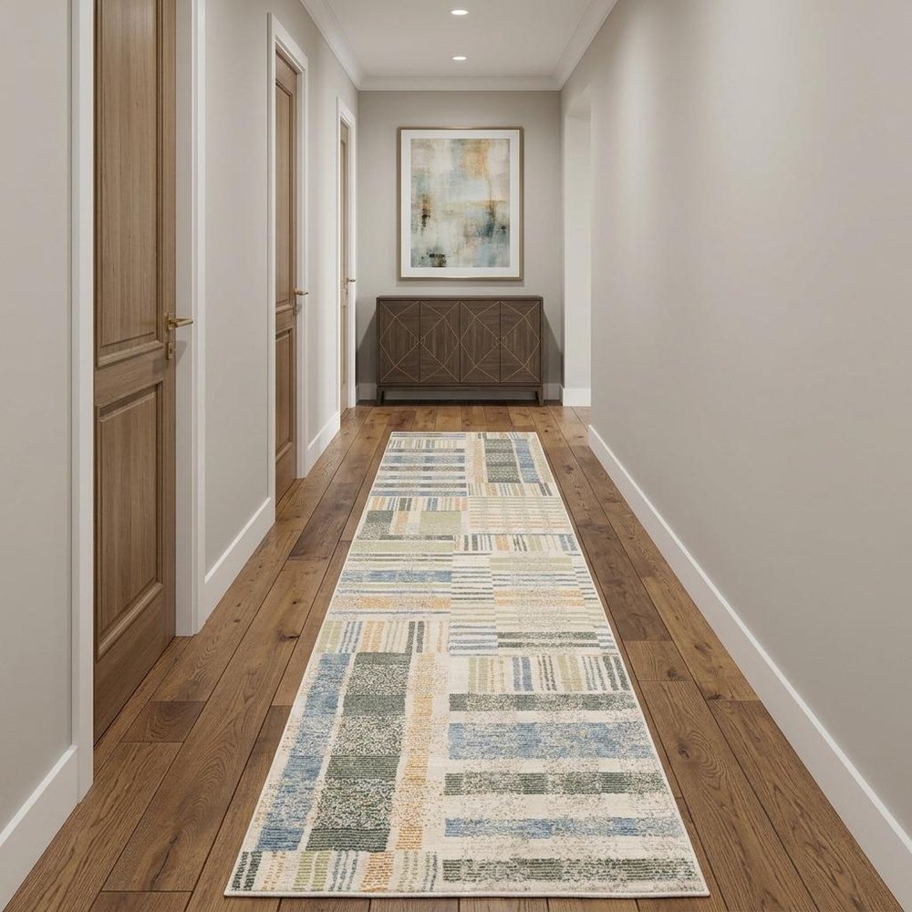 12' Blue And Green Geometric Runner Rug