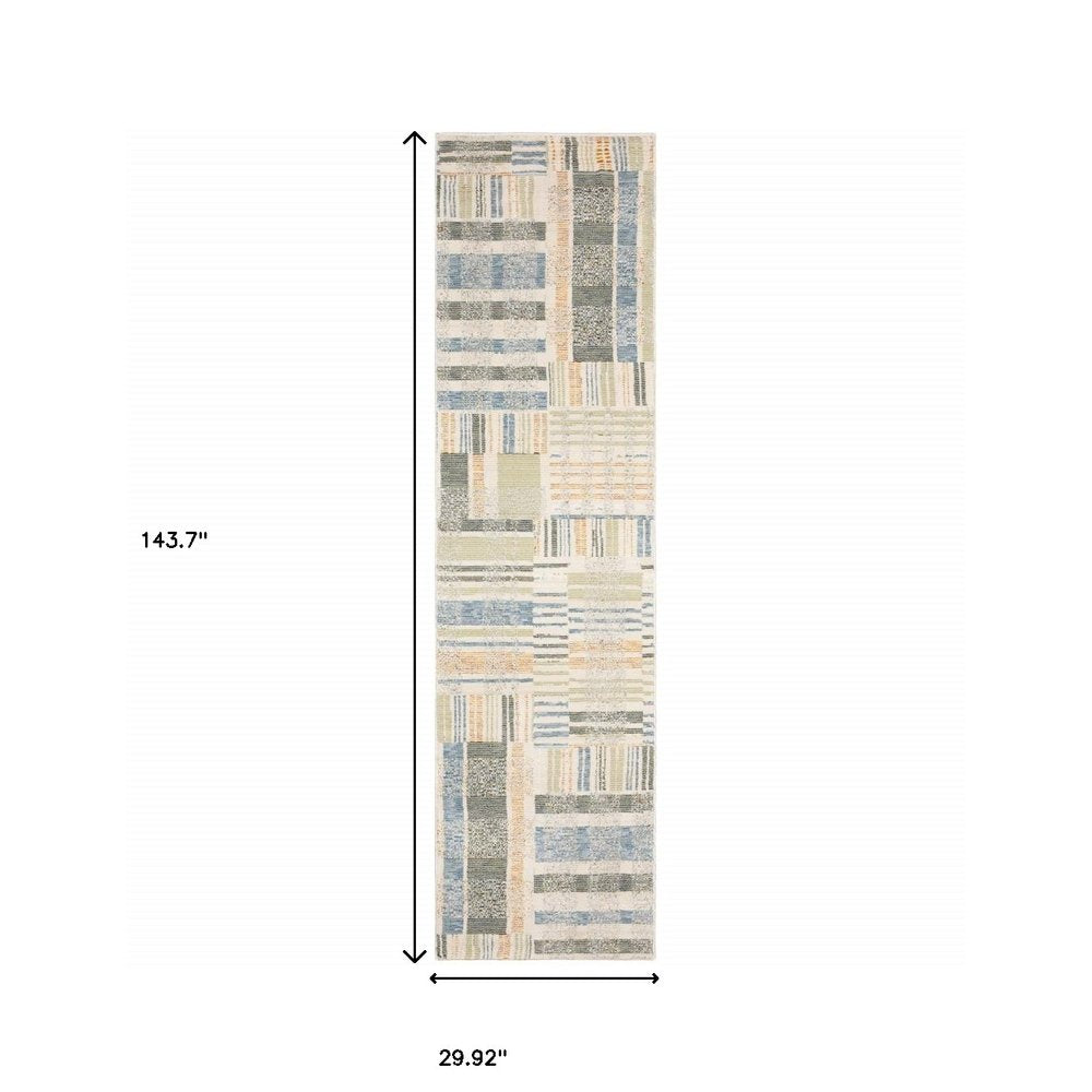 12' Blue And Green Geometric Runner Rug