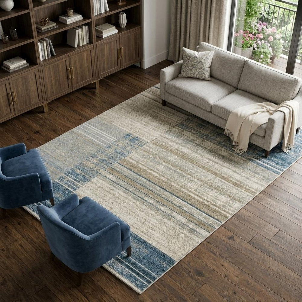 10' X 13' Blue Dark Blue Teal Grey Ivory Beige And Tan Geometric Power Loom Stain Resistant Area Rug With Fringe