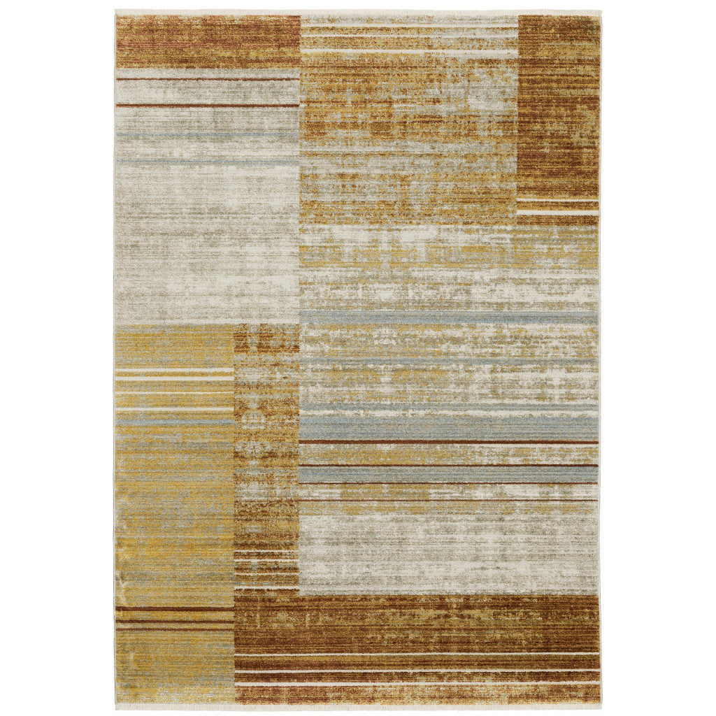 4' X 6' Rust Gold Blue Grey Ivory And Tan Geometric Power Loom Stain Resistant Area Rug With Fringe