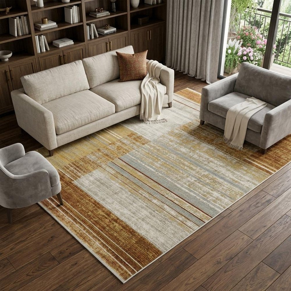 10' X 13' Rust Gold Blue Grey Ivory And Tan Geometric Power Loom Stain Resistant Area Rug With Fringe