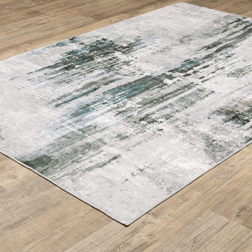 4' X 6' Silver Grey Teal Blue And Charcoal Abstract Printed Stain Resistant Non Skid Area Rug