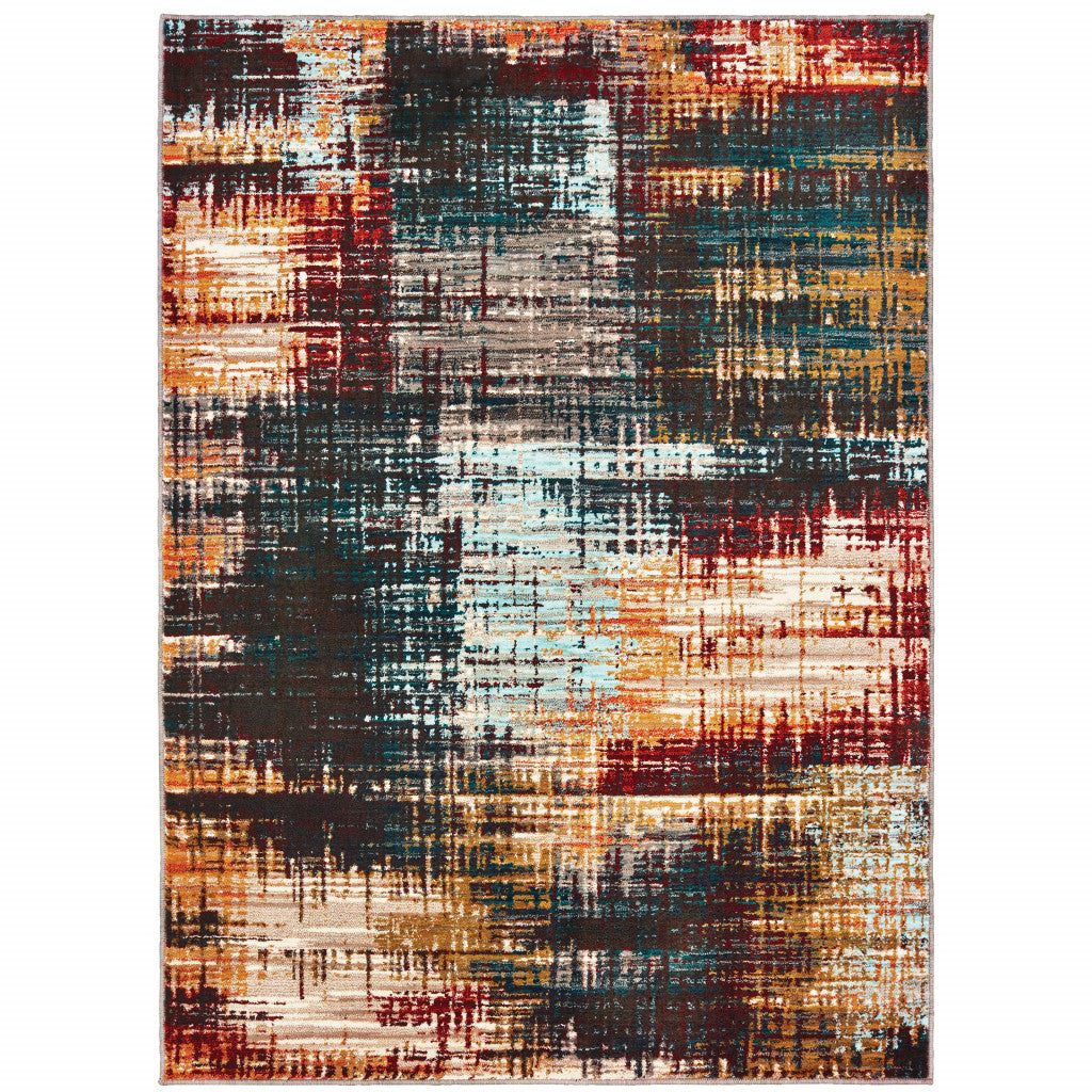 6' X 9' Blue Gold Red And Grey Abstract Power Loom Stain Resistant Area Rug