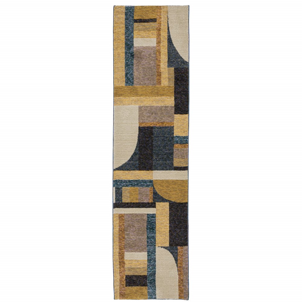 8' Blue And Beige Geometric Runner Rug
